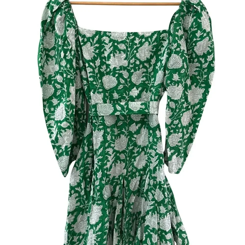 Mille Resort Anais Belted Mini Hand Block Print Dress Green Zinnia Size‎ Small - Picture 5 of 12